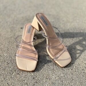 Steve Madden Hanya Clear Strap Block Heel Sandals Tan Square Toe Mules 6.5